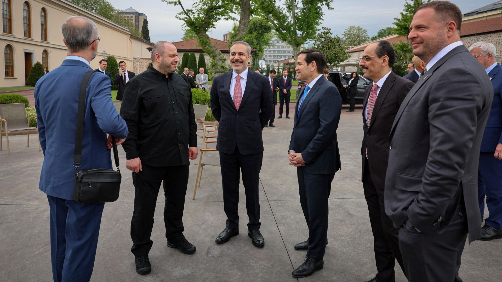 Ukrainian Defense Minister Rustem Umerov, Turkish Foreign Minister Hakan Fidan, U.S. Secretary of State Marco Rubio, Türkiye's Intelligence Agency Director Ibrahim Kalin and Head of the Office of the President of Ukraine Andriy Yermak chat before Türkiye-U.S.-Ukraine trilateral talks in Istanbul. /Arda Kucukkaya/Turkish Foreign Ministry/Handout via Reuters