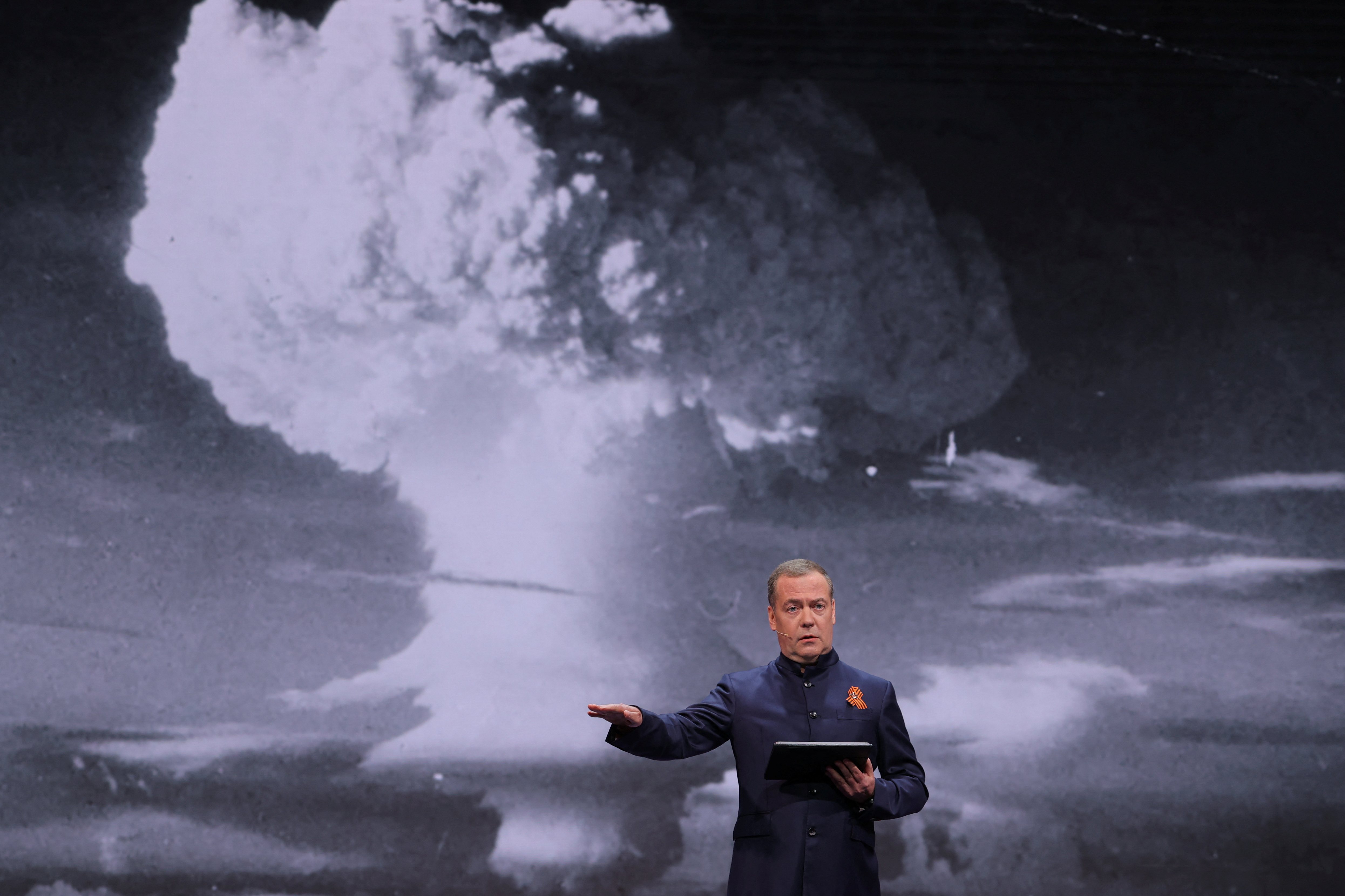 Deputy head of Russia's Security Council Dmitry Medvedev delivers a speech in Moscow. /Yekaterina Shtukina/Sputnik/Pool via Reuters